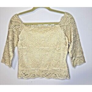 Vintage Kay Celine Lace Top 3/4 Sleeve Front Lined Sheer Back Ivory Sz M 90's